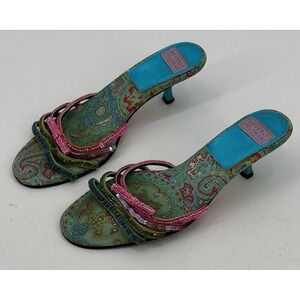 Beverly Feldman Pumps Womens 6.5 Green Blue Beaded Kitten Heels Paisley Boho Y2K